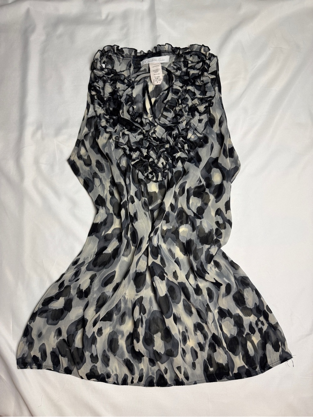 Sleeveless Ruffle Leopard Print Dress - Black & White